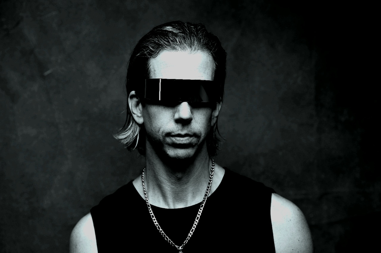 Indiana Bradley in a reflective visor, black and white portrait